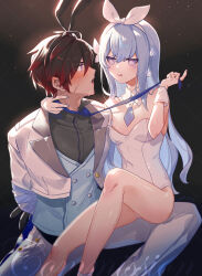  1boy 1girl after_kiss alternate_costume alternate_hairstyle animal_ears az_(zero_glvimayhop) bare_legs bare_shoulders black_hair blue_hair blue_nails blush bound bound_arms bow_hairband detached_collar drooling earrings elsword eve_(elsword) face-to-face facial_mark fake_animal_ears feet_out_of_frame flat_chest girl_on_top glint gradient_hair hair_between_eyes hairband hetero highres jacket jewelry leotard light looking_at_another mecha_musume multicolored_hair necktie pants playboy_bunny purple_eyes rabbit_ears raven_cronwell red_hair robot_girl saliva scar scar_on_face shirt short_hair sidelocks sitting sitting_on_person spread_legs sweatdrop tongue tongue_out white_leotard 