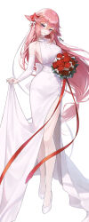 1girl absurdres animal_ears artist_name bare_shoulders blush bouquet bow breasts clothes_lift crossed_bangs detached_sleeves dress dress_lift flower fox_ears full_body genshin_impact hair_bow hair_flower hair_ornament high_heels highres holding holding_bouquet large_breasts long_hair looking_at_viewer low-tied_long_hair meoyo pink_hair purple_eyes red_flower shoes side_slit simple_background sleeveless sleeveless_dress smile solo standing very_long_hair white_background white_bow white_dress white_footwear yae_miko rating:Sensitive score:19 user:danbooru