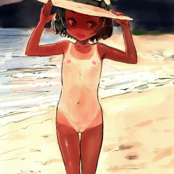 1girl beach facing_viewer female_focus flat_chest hat highres loli looking_at_viewer nipples nude one-piece_tan outdoors pussy sasahara_yuuki short_hair small_areolae small_nipples smile solo standing tagme tan tanline thigh_gap uncensored rating:Explicit score:102 user:wax_off