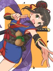  1girl arm_guards bare_shoulders black_bridal_gauntlets black_hair blue_kimono blunt_bangs border bow breasts bridal_gauntlets cherry_blossom_print dutch_angle floral_print gazacy_(dai) gourd green_eyes hair_bow hair_bun hamaguchi_ayame hands_up highres idolmaster idolmaster_cinderella_girls idolmaster_cinderella_girls_starlight_stage japanese_clothes katana kimono kuji-in long_hair looking_at_viewer medium_breasts ninja obi obijime open_hand open_mouth orange_background outside_border outstretched_arm print_scarf purple_scarf red_bow red_trim sash scarf short_kimono sidelocks single_hair_bun sleeveless sleeveless_kimono smile solo sword weapon white_border 