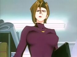  1990s_(style) 1girl animated anime_screenshot bead_necklace beads breasts earrings golden_boy jewelry large_breasts lipstick looking_down makeup medium_hair necklace onna_producer pov retro_artstyle screencap shirt tagme video  rating:Questionable score:5 user:screambarbez