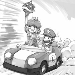1boy 1girl blue_shell brooch crown driving earrings facial_hair flipped_hair flower_earrings gloves grin hat jewelry john_joseco looking_at_another luigi mario_(series) mario_kart mustache nintendo open_mouth princess_daisy puffy_short_sleeves puffy_sleeves short_sleeves smile tomboy