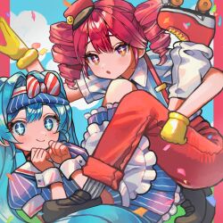  2girls :o aqua_eyes aqua_hair blue_dress blue_hat blue_sky blush border bow brown_footwear closed_mouth cloud commentary confetti crowded curled_fingers diagonal-striped_bow dress drill_hair gloves grey_socks hair_between_eyes hands_up hat hatsune_miku highres kasane_teto kid_rainbow knees_up leg_up light_blush loafers long_hair looking_at_viewer loose_socks lounging mesmerizer_(vocaloid) multiple_girls name_tag on_ground outside_border own_hands_together pants parted_lips pinstripe_dress pinstripe_pattern raised_eyebrows red_border red_bow red_eyes red_footwear red_hair red_hat red_pants ribbed_socks roller_skates shirt shoes skates sky smile smiley_face socks sparkling_eyes squatting striped_clothes striped_dress striped_shirt suspenders twin_drills twintails two-tone_bow two-tone_shirt vertical-striped_clothes vertical-striped_dress vertical-striped_shirt visor_cap w_arms white_bow white_socks wrist_cuffs yellow_gloves 