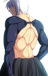  1boy absurdres ahoge alternate_costume amazon_(taitaitaira) back_turned closed_mouth from_behind frown highres japanese_clothes male_focus manly mannosuke morichika_rinnosuke muscular scar shaded_face topless_male solo touhou upper_body white_hair 
