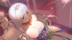  1boy 2girls azur_lane belfast_(azur_lane) belfast_(the_pledge_of_claddagh)_(azur_lane) belfast_(the_pledge_of_claddagh)_(azur_lane) bouquet breasts bridal_veil bride bridesmaid broken broken_chain chain choker cleavage closed_eyes closed_mouth commander_(azur_lane) commentary_request dress earrings elbow_gloves flower from_above gloves gold_chain groom highres holding_person jewelry large_breasts little_bel_(azur_lane) multiple_girls out_of_frame purple_eyes smile tiara veil wedding wedding_dress white_dress white_gloves xiao_shi_lullaby 