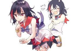  1girl bad_id bad_twitter_id bare_arms black_hair bloomers blue_bow bow bracelet commentary_request closed_eyes fang fingernails horns jewelry kijin_seija korean_text laughing misha_(hoongju) multicolored_hair open_mouth pointing red_eyes red_hair sandals simple_background skirt sleeveless streaked_hair tongue tongue_out touhou translated underwear white_background white_hair white_skirt  rating:Sensitive score:4 user:danbooru