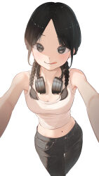  1girl :q absurdres bananafish1111 bare_shoulders black_eyes black_hair blush braid breasts cleavage denim headphones headphones_around_neck highres jeans long_hair looking_at_viewer midriff navel original pants parted_bangs simple_background smile solo tank_top tongue tongue_out twin_braids white_background 