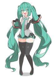  +_+ 1girl absurdly_long_hair absurdres black_footwear black_gloves black_skirt blue_eyes blue_hair blue_necktie blush boots breasts collared_shirt commentary_request elbow_gloves full_body gloves hatsune_miku highres long_hair looking_at_viewer medium_breasts necktie open_mouth pleated_skirt shirt simple_background skirt sleeveless sleeveless_shirt smile solo thick_thighs thigh_boots thighhighs thighs twintails uruti_2388 very_long_hair vocaloid white_background zettai_ryouiki 