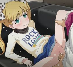  10s 1boy 1girl aqua_eyes arm_support bandai_namco blonde_hair blue_skirt blush bow casual censored closed_mouth clothed_sex clothes_lift clothes_writing couch eyebrows flat_chest hair_bow hair_ornament heart hetero idolmaster idolmaster_cinderella_girls leg_grab leg_lift loli long_hair long_sleeves looking_up lying mary_cochran missionary mosaic_censoring oekaki on_back panties panties_around_leg pants pants_around_one_leg penis pointless_censoring polka_dot polka_dot_bow print_shirt pussy_juice sex shirt skirt skirt_lift smile solo_focus star_(symbol) star_print tomu_(tomubobu) twintails underwear vaginal  rating:Explicit score:213 user:Domestic_Importer