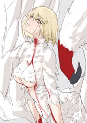  1girl ban!_(bansankan) bleeding blonde_hair blood blood_on_face bloody_tears breasts commentary_request dungeon dungeon_meshi falin_touden falin_touden_(chimera) feathered_wings hair_between_eyes looking_at_viewer medium_breasts monster_girl parted_lips simple_background slit_pupils solo taur underboob wings yellow_eyes 