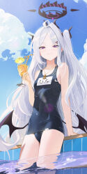  1girl absurdres bare_arms bare_legs bare_shoulders black_horns black_one-piece_swimsuit black_wings blue_archive blush breasts closed_mouth cowboy_shot cup day demon_horns demon_wings drink drinking_straw fieryonion grey_hair halo highres hina_(blue_archive) hina_(swimsuit)_(blue_archive) holding holding_cup horns long_hair looking_at_viewer multiple_horns name_tag official_alternate_costume one-piece_swimsuit outdoors purple_eyes school_swimsuit small_breasts smile solo swimsuit water wings 