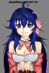  10s 1girl ahmad_alshawa ahoge ako alternate_hair_color anime_coloring artist_name black_hair blue_eyes bow breasts chromatic_aberration cleavage detached_collar deviantart_username eyebrows frills grey_background highres large_breasts long_hair looking_at_viewer messy_hair netoge_no_yome_wa_onna_no_ko_janai_to_omotta? own_hands_together self-upload simple_background smile solo tamaki_ako watermark web_address 