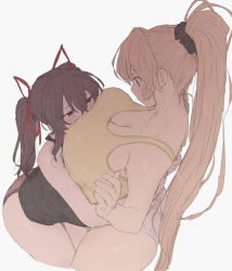  2girls between_breasts blush breast_smother breasts brown_hair cleavage cowboy_shot cropped_legs face_to_breasts from_above grey_background hair_between_eyes hair_ornament hair_ribbon hair_scrunchie head_between_breasts high_ponytail hug huge_breasts light_brown_hair long_hair mdf_an multiple_girls no_bra no_pants original panties ponytail profile purple_eyes purple_hair red_panties ribbon scrunchie simple_background standing tank_top twintails underwear very_long_hair white_background yuri  rating:Sensitive score:306 user:creck