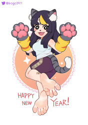  1girl :3 absurdres animal_ear_fluff animal_ears animal_hands artist_name ass bare_shoulders barefoot black_eyes blush_stickers bogo breasts cat_ears cat_tail chinese_zodiac fang feet foot_focus gloves happy_new_year highres long_hair looking_at_viewer looking_back medium_breasts multicolored_hair new_year original purple_shorts shorts smile soles streaked_hair tail toes year_of_the_tiger  rating:Sensitive score:17 user:JohnOmaha
