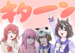  4girls ahoge awkward belt black_hair blue_belt blue_eyes bocchi_the_rock! bow bowtie catchphrase cheval_grand_(umamusume) closed_eyes closed_jacket collarbone commentary_request crossover cube_hair_ornament ear_covers gotoh_hitori grey_hair hair_between_eyes hair_ornament hat hat_belt highres horse_girl jacket kita_ikuyo kitasan_black_(umamusume) long_hair long_sleeves medium_hair multiple_girls name_connection ogry_ching one_eye_closed one_side_up peaked_cap pink_hair pink_jacket purple_sailor_collar purple_shirt red_bow red_bowtie sailor_collar school_uniform shirt short_hair shuka_high_school_uniform sidelocks teeth tracen_school_uniform track_jacket trait_connection translated umamusume upper_body upper_teeth_only white_bow white_bowtie white_hat winter_uniform yellow_eyes 