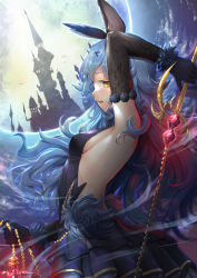  1girl absurdres animal_ears armpits back blue_hair breasts castle detached_sleeves erune ferry_(granblue_fantasy) frilled_skirt frilled_sleeves frills from_side fur_trim granblue_fantasy hair_ornament hairclip highres holding holding_weapon jewelry long_hair long_sleeves looking_to_the_side moon night night_sky open_mouth sayaka_ikku sideboob skirt sky small_breasts solo sweat weapon whip yellow_eyes  rating:Sensitive score:26 user:danbooru