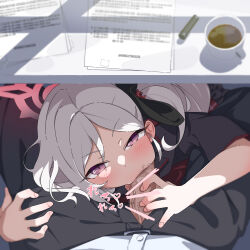  1boy 1girl absurdres assertive_female bar_censor blue_archive blush censored commentary cup desk fellatio from_above hair_ornament hair_scrunchie halo heart hetero highres hug_and_suck hugging_another&#039;s_leg looking_at_viewer mug mutsuki_(blue_archive) open_fly oral paid_reward_available paper penis penis_out pink_eyes pov pov_crotch rarigo scrunchie side_ponytail solo_focus sound_effects under_table white_hair  rating:Explicit score:452 user:danbooru