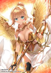  1girl angel armor armored_boots bare_shoulders black_thighhighs blonde_hair blue_eyes boots breastplate breasts clothing_cutout dress feathered_wings gold hair_bun ice_(ice_aptx) iede_tenshi_no_ikusei_keikaku jewelry large_breasts looking_at_viewer navel navel_cutout necklace official_art original sidelocks single_hair_bun skindentation smile solo sun thighhighs white_dress wings  rating:Sensitive score:32 user:danbooru