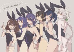  6+girls a-maru_(aaa_circle0110) alternate_costume animal_ears bare_legs black_bow black_bowtie black_eyes black_hair black_leotard blue_eyes bow bowtie braid breasts brown_eyes brown_hair commentary_request cowboy_shot detached_collar eyepatch grey_background grey_hair hair_flaps hair_over_shoulder happy_new_year highres hiryuu_(kancolle) kanji_connection kantai_collection large_breasts leotard long_hair multiple_girls new_year one_side_up playboy_bunny purple_hair rabbit_ears rabbit_tail red_eyes ryuuhou_(kancolle) ryuujou_(kancolle) short_hair single_braid small_breasts souryuu_(kancolle) strapless strapless_leotard taigei_(kancolle) tail tenryuu_(kancolle) twintails unryuu_(kancolle) wrist_cuffs yellow_eyes 