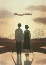 1boy 1girl absurdres bad_id bad_pixiv_id black_hair cloud dress evening ferris_wheel film_grain from_behind highres hill holding holding_hands holding_umbrella mikami_yui muted_color original puddle reflection roller_coaster scenery shirt short_hair sky surreal train umbrella untucked_shirt wind  rating:General score:4 user:danbooru
