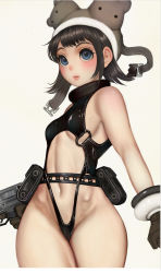 1girl bare_shoulders black_hair blue_eyes blunt_bangs breasts cowboy_shot from_below gloves gun hat highres holding holding_gun holding_weapon holster looking_ahead murata_range_(style) navel original pinup_(style) randy_(awesomevillage) short_hair simple_background small_breasts solo submachine_gun thighs weapon white_background 