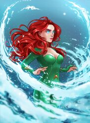  1girl absurdres aquaman_(series) blue_eyes bodysuit breasts cleavage dc_comics green_bodysuit highres kath_lobo long_hair mera_(dc) red_hair signature small_breasts solo underwater 