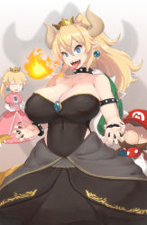 1boy 2girls armlet bare_shoulders black_leotard black_nails black_skirt bowsette breast_envy breasts breath_weapon breathing_fire brooch choker commentary constricted_pupils covered_navel dress earrings elbow_gloves english_commentary facial_hair fingernails fire gloves highleg highleg_leotard highres horns huge_breasts impossible_clothes impossible_leotard jewelry leotard leotard_under_clothes long_hair long_skirt magister mario mario_(series) multiple_girls mushroom mustache nail_polish new_super_mario_bros._u_deluxe nintendo pink_dress pointy_ears ponytail princess_peach saliva sharp_fingernails sharp_teeth skirt solo_focus spiked_armlet spiked_choker spiked_shell spiked_tail spikes strapless strapless_leotard super_crown tail teeth tongue tongue_out turtle_shell white_gloves rating:Sensitive score:43 user:danbooru