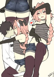  2boys armpits ass astolfo_(fate) black_choker blush braid brown_hair chaldea_uniform choker denim denim_shorts elbow_gloves fang fate/apocrypha fate/grand_order fate_(series) french_kiss fujimaru_ritsuka_(male) gloves grabbing_another&#039;s_ass hair_intakes heart heart-shaped_pupils highres kiss long_braid looking_at_viewer male_focus midriff multicolored_hair multiple_boys multiple_views navel open_fly pink_hair shorts simple_background single_braid sitting sitting_on_lap sitting_on_person skin_fang sky-freedom spoken_heart straddling strap_slip streaked_hair symbol-shaped_pupils thighhighs thighs tongue tongue_out trap upright_straddle yaoi  rating:Questionable score:431 user:danbooru