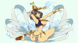  1girl ancient_princess_menace arms_up ass backboob bandages black_hair blue_eyes breasts breasts_out brown_hair crown dancing father_dimitry from_behind high_heels hip_focus jewelry large_breasts looking_back menace_(queen&#039;s_blade) menace_(queen's_blade) nipples no_bra no_pants open_mouth panties queen&#039;s_blade short_hair sideboob sitting solo striped_clothes striped_panties thighs thong underwear wide_hips wrist_cuffs 