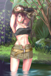  10s 1girl arms_up breasts cleavage covered_erect_nipples final_fantasy final_fantasy_xiii giniro_no_yatsu green_eyes highres large_breasts lightning_farron outdoors pink_hair skirt solo standing undressing water wet  rating:Sensitive score:41 user:d33sgm