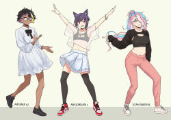  1girl 2boys air_jordan air_max_97 alex_(pas_(paxiti)) alternate_hairstyle animal_ears arms_up bangle bisexual bisexual_flag black_hair black_thighhighs blue_eyes blue_hair bow bracelet breasts cat_ears dancing dark_skin dress eleonore_(pas_(paxiti)) extra_ears fang glasses hair_over_one_eye heterochromia jewelry lgbt_pride long_hair looking_at_viewer medium_breasts multicolored_hair multiple_boys multiple_others navel nike_(company) non-binary_colors original pas&#039;_black-haired_catperson pas_(paxiti) pink_hair product_placement see-through see-through_shirt shoes short_hair skirt smile sneakers sports_bra tagme thighhighs trap twice_(group) undershirt very_short_hair white_dress white_hair zettai_ryouiki  rating:Sensitive score:44 user:xhatahx