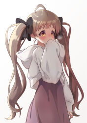  1girl ahoge black_bow blush bow breath brown_dress brown_eyes brown_hair cold commentary_request covering_own_mouth cowboy_shot dress goma_konbu hair_bow hakozaki_serika hand_up highres hood hood_down hoodie idolmaster idolmaster_million_live! long_hair looking_ahead oversized_clothes simple_background sleeves_past_fingers sleeves_past_wrists solo three_quarter_view twintails very_long_hair white_background white_hoodie 