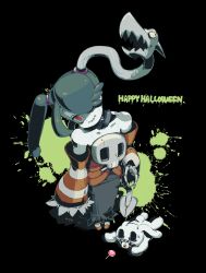 1girl blue_hair blue_skin candy colored_skin detached_collar detached_sleeves food glowing glowing_eye halloween head_tilt highres leviathan_(skullgirls) lollipop looking_at_viewer red_eyes sagan_(skullgirls) side_ponytail skeletal_arm skullgirls smile solo squigly_(skullgirls) stitched_mouth stitches striped_sleeves zombie