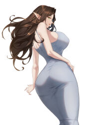  1girl ass back blueorca breasts brown_hair commentary dongtan_dress dress elf english_commentary floating_hair from_behind green_hair grey_dress hand_on_own_hip highres large_breasts long_hair looking_at_viewer looking_back median_furrow meme_attire mole mole_under_mouth original parted_lips pencil_dress pointy_ears simple_background solo taut_clothes taut_dress white_background 