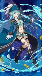  1girl absurdres alternate_costume asuna_(sao-alo) blue_eyes blue_hair boots breasts cleavage highres long_hair medium_breasts pirate_costume pointy_ears solo thighhighs  rating:Sensitive score:2 user:Itaku