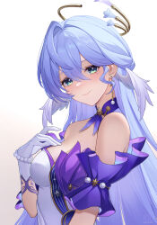 1girl aqua_eyes bare_shoulders blue_hair blush breasts choker commentary_request detached_sleeves dress gloves gradient_background grey_background hair_between_eyes hair_intakes hand_up head_wings highres honkai:_star_rail honkai_(series) kiu6 long_hair looking_at_viewer medium_breasts purple_choker robin_(honkai:_star_rail) short_sleeves smile solo strapless strapless_dress upper_body very_long_hair white_background white_gloves wings 