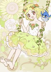  1girl :d bad_id bad_twitter_id bare_shoulders barefoot bird blonde_hair breasts dress floral_background flower full_body green_dress hair_flower hair_ornament hands_up layered_dress looking_at_viewer mdr_onj1807 midorikaze_fuwari open_mouth pretty_series pripara purple_eyes short_hair sitting small_breasts smile solo sunflower swept_bangs swing toriko_(pripara) 