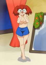  1girl absurdres anime_coloring blue_shorts blush breasts breasts_squeezed_together brown_hair cloudxmoe curtains full_body glasses high-waist_shorts highres medium_breasts mirror navel nipples original red_hair retro_artstyle round_eyewear shorts skirt solo topless twintails unworn_skirt 