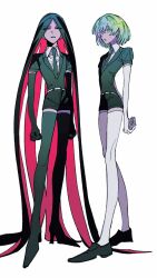  2others aqua_eyes aqua_hair arms_behind_back black_footwear black_gloves black_hair black_jacket black_shorts boots bort diamond_(houseki_no_kuni) elbow_gloves full_body gem_uniform_(houseki_no_kuni) gloves gradient_hair highres houseki_no_kuni jacket loafers long_hair looking_at_viewer looking_to_the_side multicolored_hair multiple_others naotin3333 puffy_short_sleeves puffy_sleeves shirt shoes short_hair short_sleeves shorts simple_background standing thigh_boots thighhighs very_long_hair white_background white_gloves white_shirt white_thighhighs 