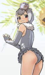  1girl :3 animal animal_ears animal_on_head bare_legs bare_shoulders blush brown_eyes cowboy_shot elbow_gloves eo89261 fingerless_gloves frilled_one-piece_swimsuit frills from_behind from_below fur_collar gloves grey_gloves grey_hair grey_one-piece_swimsuit hair_between_eyes highres kemono_friends looking_at_viewer multicolored_hair no_tail on_head one-piece_swimsuit otter otter_ears otter_girl sidelocks small-clawed_otter_(kemono_friends) solo swimsuit white_fur white_hair 