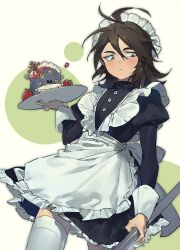  1boy alternate_costume antenna_hair apron black_dress brown_hair buttons chinese_commentary commentary_request cowboy_shot crossdressing dress enmaided foodification frilled_apron frilled_dress frills hair_between_eyes highres holding holding_plate icefefe isoi_reiji long_sleeves maid maid_apron maid_headdress male_focus male_maid medium_hair plate puffy_sleeves saibou_shinkyoku short_dress solo thighhighs utsugi_noriyuki white_apron white_thighhighs 