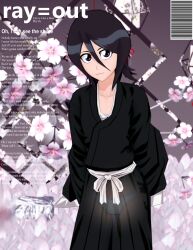  1girl arruru black_hair black_kimono bleach closed_mouth cover field flower flower_field highres ice japanese_clothes kimono kuchiki_rukia looking_at_viewer magazine_cover panties parted_bangs purple_eyes ray=out ribbon_panties see-through shinigami short_hair smile transparent_pants underwear wide_sleeves  rating:Sensitive score:9 user:Arruru