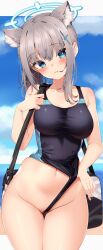  1girl absurdres animal_ear_fluff animal_ears bag blue_archive blue_eyes blush breasts clothes_pull competition_swimsuit extra_ears gluteal_fold grey_hair halo head_tilt highleg highleg_swimsuit highres jun_(aousa0328) looking_at_viewer low_ponytail medium_breasts mismatched_pupils navel one-piece_swimsuit one-piece_swimsuit_pull shiroko_(blue_archive) shiroko_(swimsuit)_(blue_archive) solo swimsuit two-tone_one-piece_swimsuit two-tone_swimsuit wolf_ears 