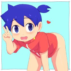  1boy bent_over blue_hair blush bottomless heart male_focus open_mouth ryutaro98835607 shota smile solo  rating:Questionable score:26 user:Iker