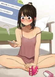  1girl applying_pedicure blush bralines breasts brown_eyes brown_hair camisole cleavage couch douki-chan_(douki-chan) ganbare_douki-chan glasses hair_tie highres holding holding_phone indian_style nail_polish no_pants phone pillow sidelocks sitting sleeveless small_breasts solo speech_bubble strap_slip tan tanline text_messaging translation_request yomu_(sgt_epper)  rating:Sensitive score:53 user:danbooru