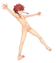  1boy barefoot elsword elsword_(character) feet foreskin highres male_focus nude penis red_eyes red_hair rune_slayer short_hair shota simple_background smile solo testicles toes uncensored waysin966 white_background 