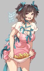  1girl 2024 agawa_ryou blue_ribbon breasts brown_hair cleavage collarbone commentary dated dress english_commentary grey_background hair_ribbon large_breasts looking_at_viewer medium_breasts messy_hair open_mouth original pink_dress pink_eyes ribbon signature simple_background smile solo standing 