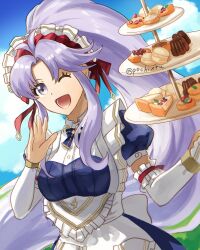 1girl ;d apron blue_dress blue_sky cake cloud detached_sleeves dress eyelashes fire_emblem fire_emblem:_genealogy_of_the_holy_war fire_emblem_heroes food holding_tiered_tray long_hair lower_teeth_only nintendo official_alternate_costume one_eye_closed open_mouth pochi_(furaigonn) ponytail puffy_short_sleeves puffy_sleeves purple_eyes purple_hair short_sleeves sidelocks sky smile solo tailtiu_(fire_emblem) tailtiu_(tea_party)_(fire_emblem) teeth tiered_tray twitter_username upper_body very_long_hair white_apron white_headdress