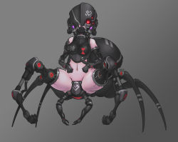  1girl absurdres amputee cyborg dated female_focus glowing glowing_eyes groin highres arthropod_girl mask monster_girl muhut navel original prosthesis signature solo spider_girl spread_legs  rating:Questionable score:25 user:Dweenie