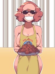  1girl apron chicken_(food) food highres naked_apron nipples okumura_haru persona persona_5 plow_(witch_parfait) smug sunglasses  rating:Explicit score:18 user:Archivist03